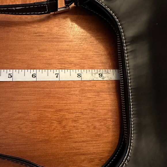 Black Patent Leather Shoulder Bag By Urban Outfitters With White Stitching - Picture 4 of 6